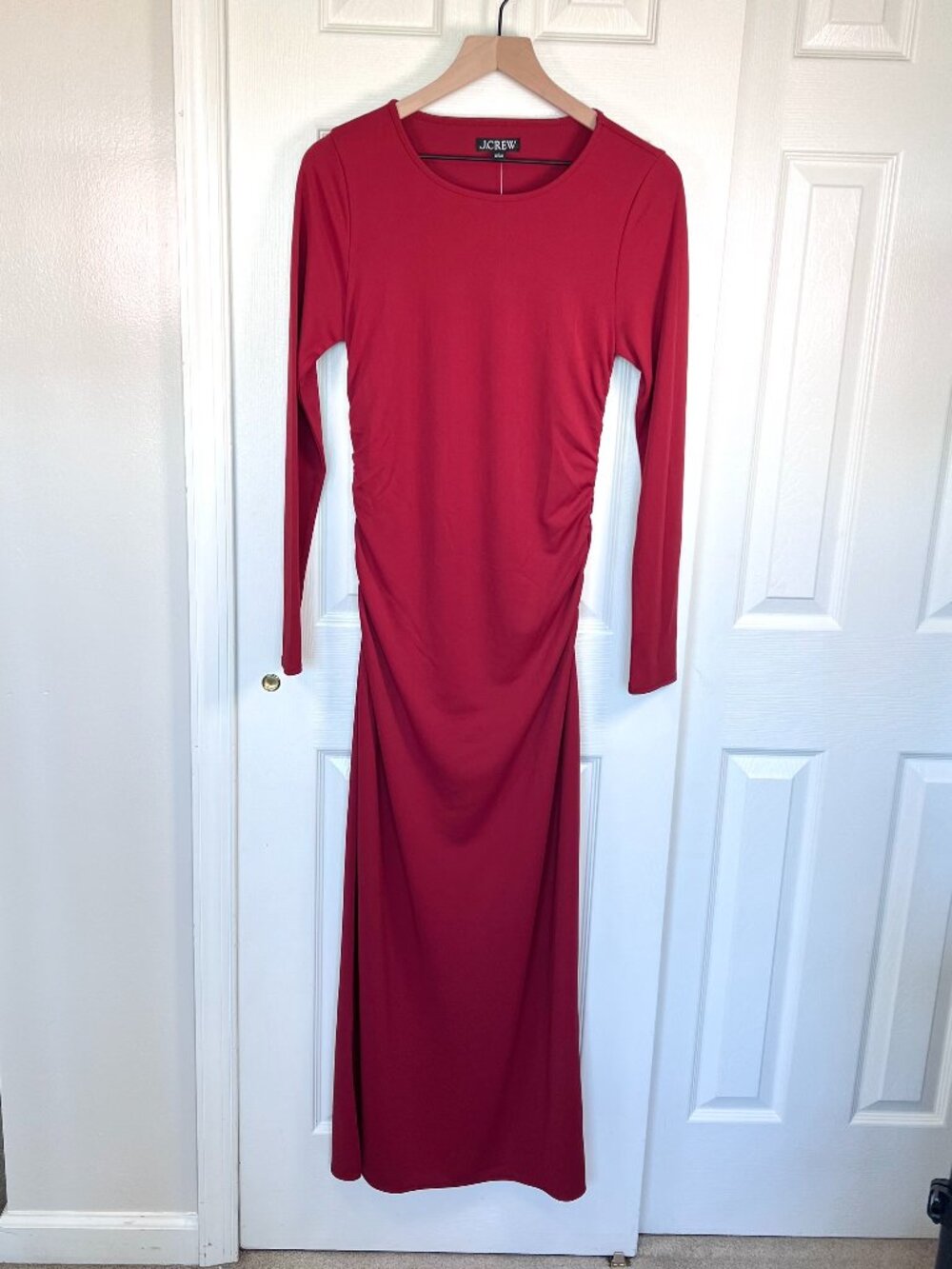 J.Crew Cherry Red Maxi Ruched Bodycon Stretchy Dress Size S NWT